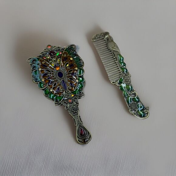 Vintage Style Butterfly Peacock Vanity Mirror & Comb Set Jeweled Enamel - Picture 1 of 5